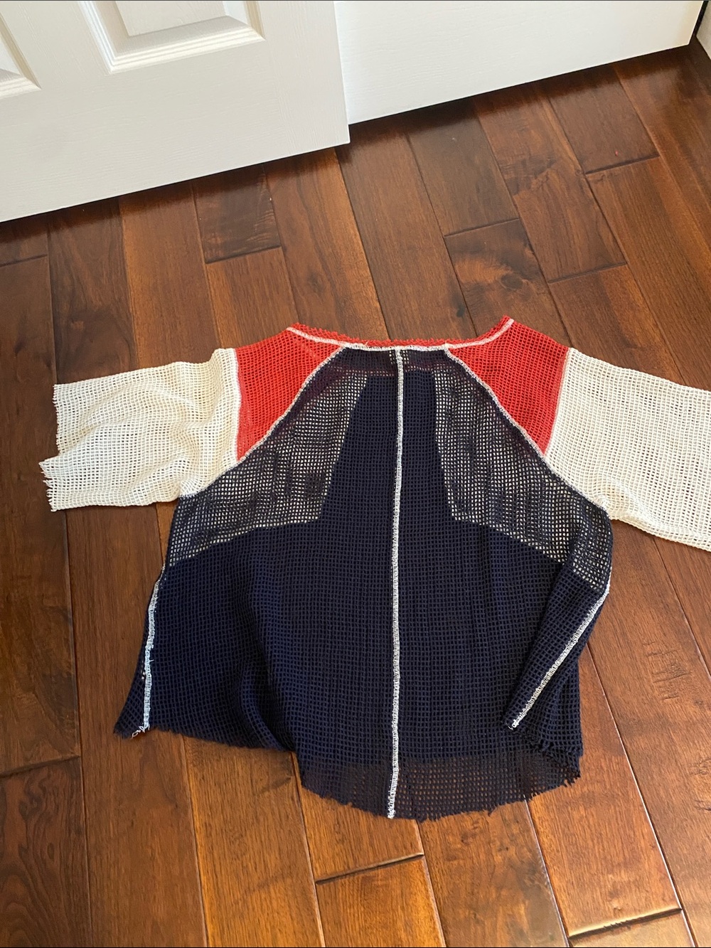 Free People Crocheted Colorblock Knit Top in Navy Red White - Picture 3 of 3